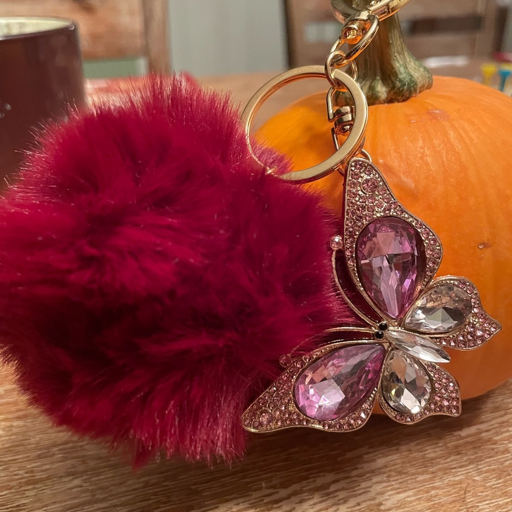 Butterfly Keychain with Burgundy Red Pom Pom